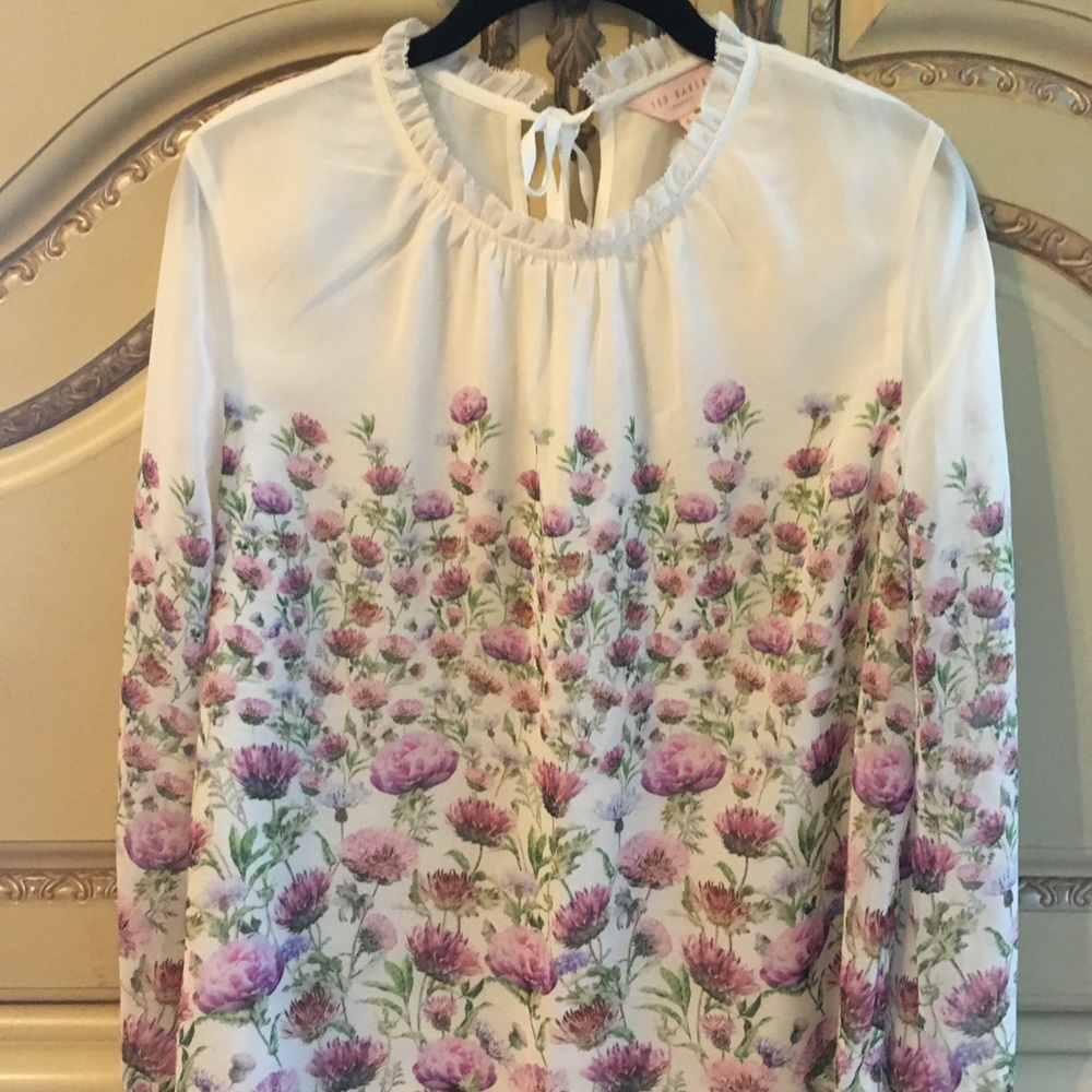 Ted Baker silk cream/ floral long blouse sz 5/12